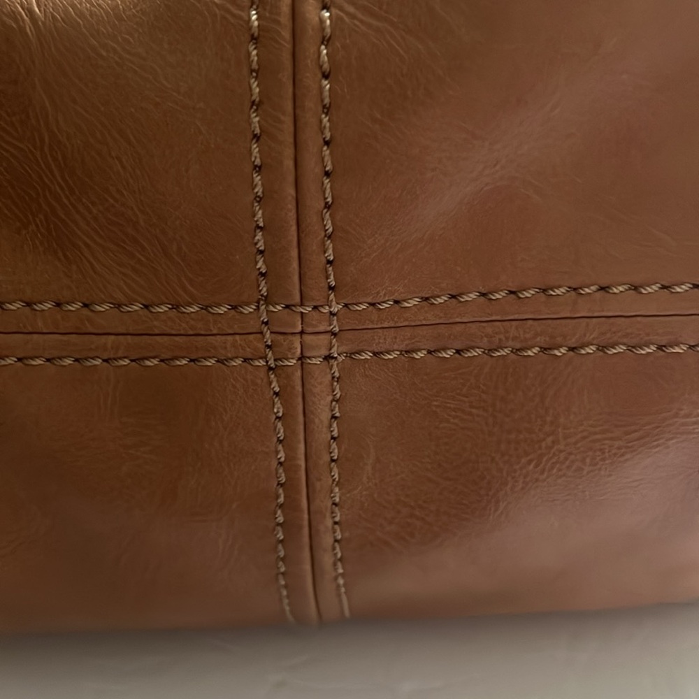 Antik Kraft Vegan Leather Satchel, camel w/retro print fabric lining. - Picture 2 of 9